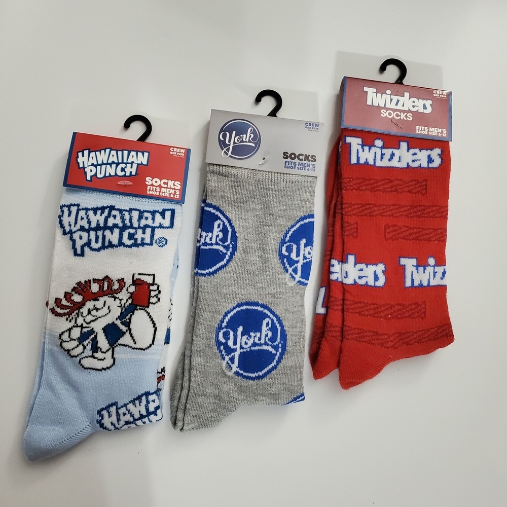 3 Novelty Crew Socks Mens Size 6-12 Cool Gift Twizzlers Hawaiian Punch York